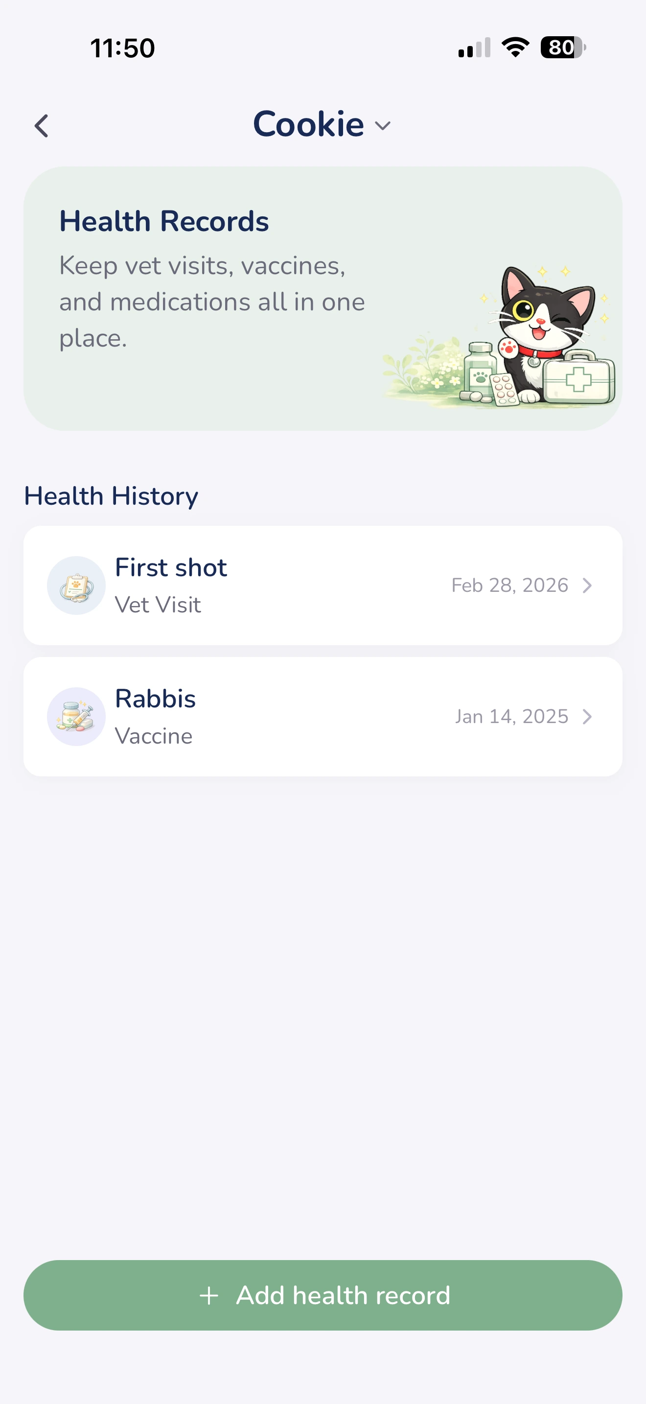 Pet health records and vet visit tracking in Cookie Pet Care