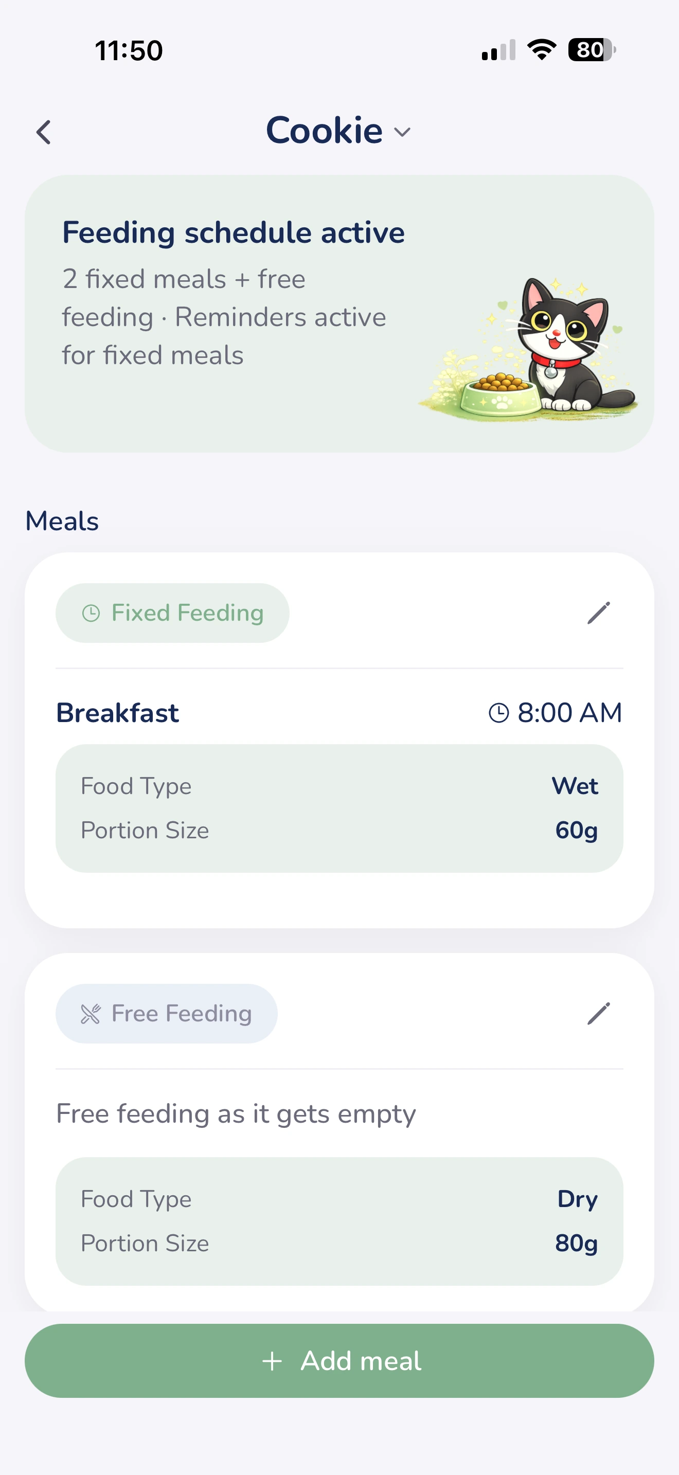 Pet feeding schedules and meal tracking in Cookie Pet Care