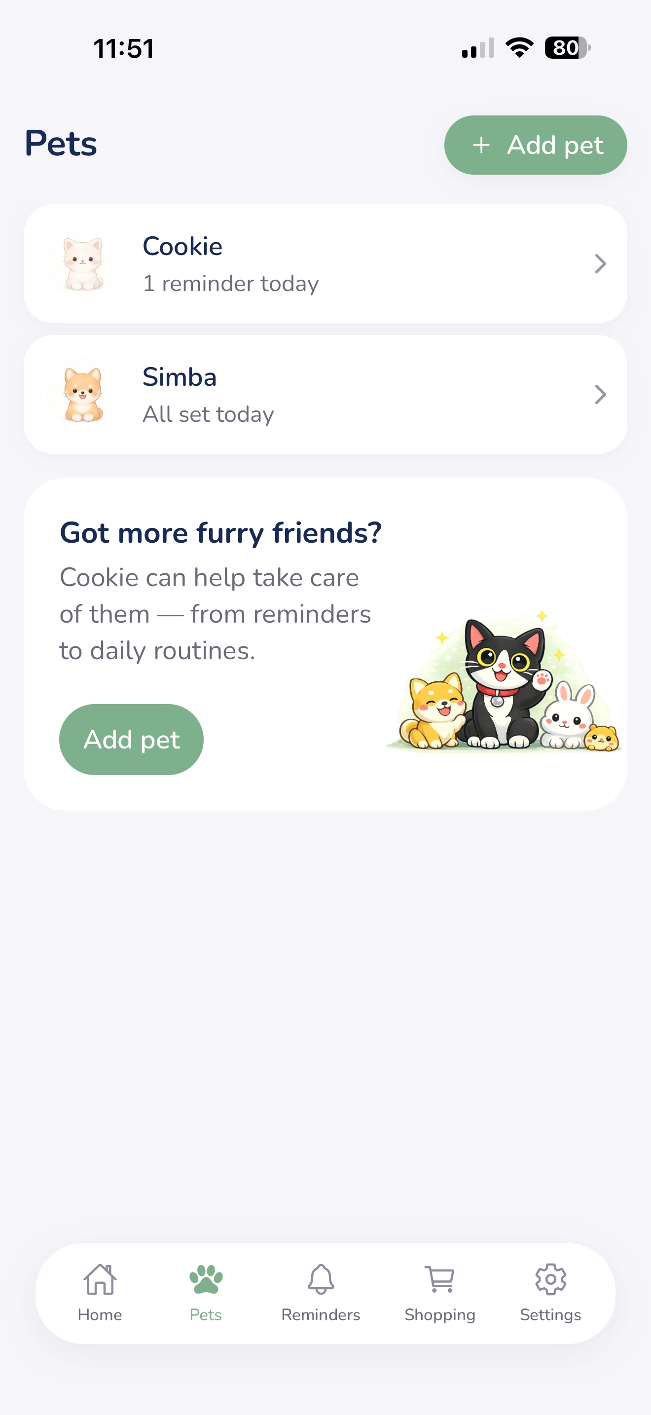 Comprehensive pet profiles in Cookie Pet Care showing health and feeding info