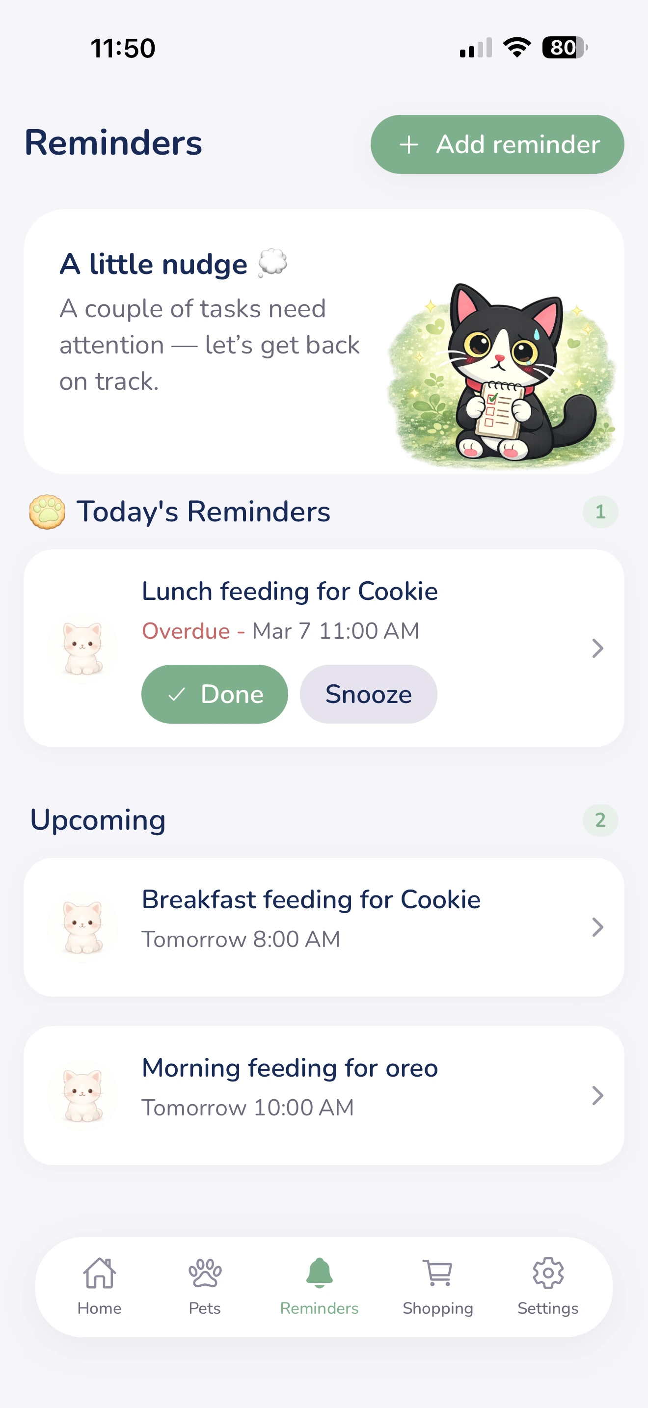 Smart reminders and calendar view in Cookie Pet Care
